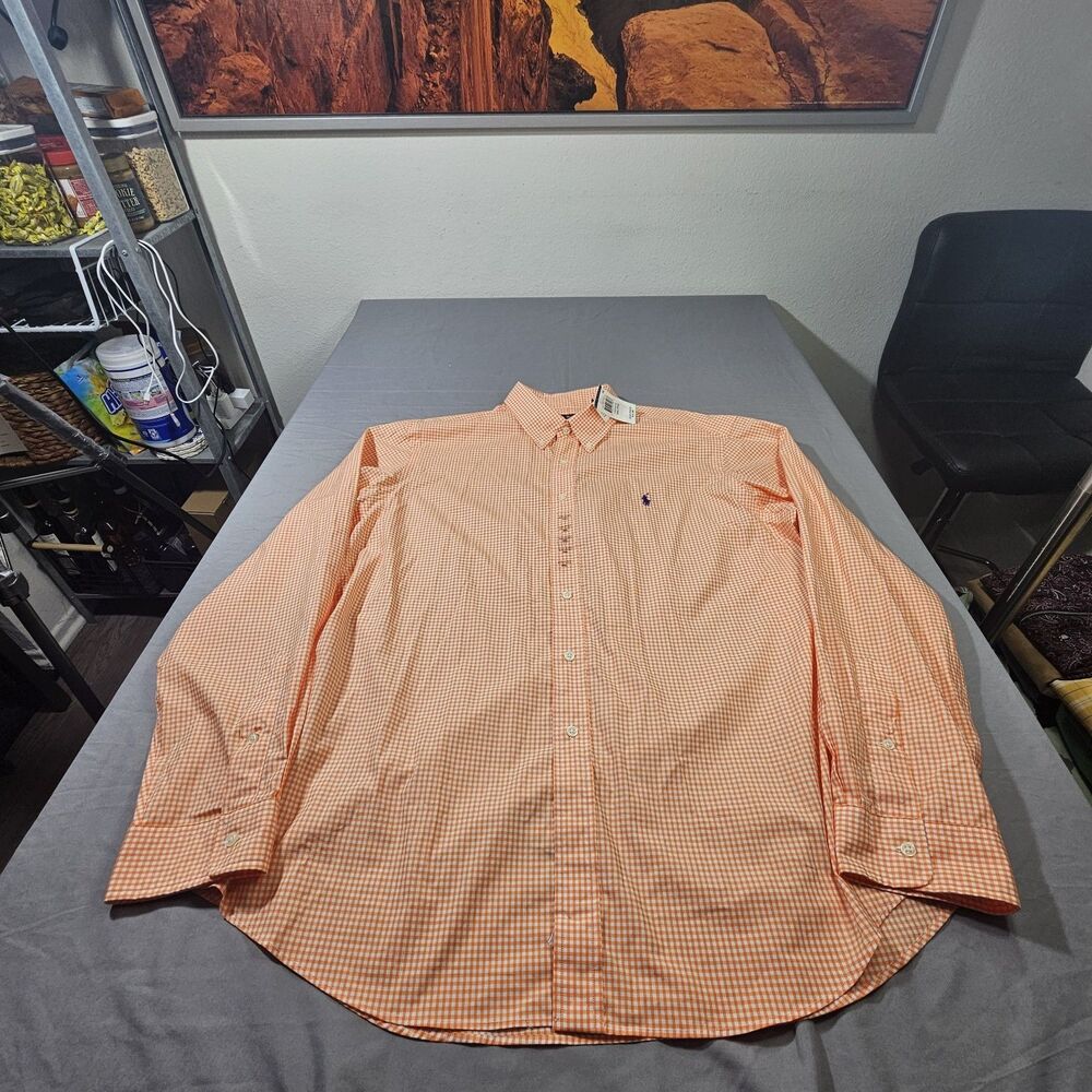 Polo Ralph Lauren Mens XXL NWT Orange Gingham Plaid Long Sleeve Shirt Blue Pony
